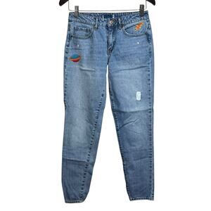 Forever 21 Jeans Women Sz 26 Light Wash Blue Denim Embroidered Tapered Alien